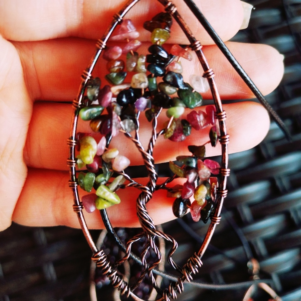 Watermelon tourmaline crystal Tree of Life necklac